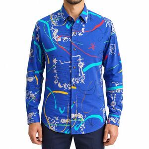 Mens Large Blue Abstract Multicolor Cotton Long Sleeve Button Up Dress Shirt NWT